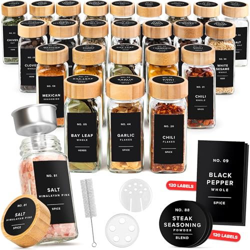 EDELHAUS® Square Spice Jars with Bamboo Wooden Lid (Pack of 24) Spice Jars with Shaker Insert and 240 Labels - Bamboo Lid Glass Container for Spice Organisation [4.3 in × 1.8 in]