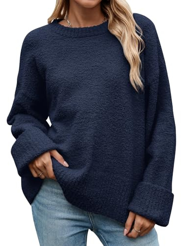 heekpek Women's Oversized Jumpers Long Sleeve Knit Tops Ladies Crew Neck Sweaters Casual Loose Fit Pullover, Navy Blue, L