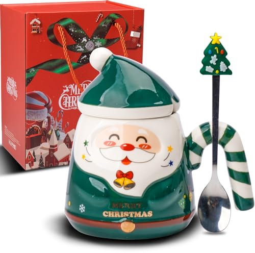 ZONSUSE Tazza Babbo Natale,Divertente Tazza di Natale,Tazza Colazione Natalizia,3D tazze natalizie,con Manico a Bastoncini di Zucchero e Cucchiaio per Albero Natale,Idee Regalo Natale 400ml (A-Verde)