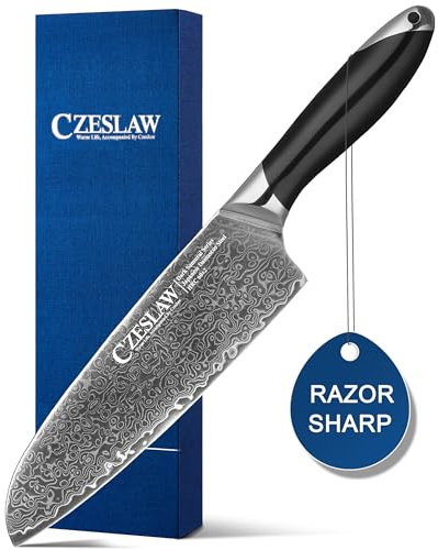 Czeslaw Cuchillos Cocina, Cuchillo de Chef Japonés en acero Damasco, Cuchillo de Cocina clásico y ligero, Damasco japonés negro cuchillo de cocina profesional y afilado, Manejar de ergonómico en ABS