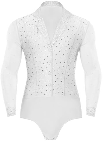 dPois Herren Tanz Hemd Latein Standard Tanz Tango Salsa Trikot Leotard Tanzbody Hemdbody mit Strass Männer Ballroom Tanzkostüm Weiß M