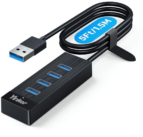 Yinker 1,5 m USB 3.0 Hub 4-port 5 Gbps hastighet och 5 V USB-C strömförsörjning – USB-hubb splitter för kontor, hemmakontor, spel och externa enheter