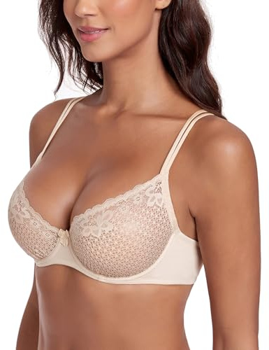 Lemorosy Women's Balconette Lace Bra Unlined Underwire Sexy Sheer Mesh See Through Bralette Unpadded Demi Balcony Brassiere (36A,Beige)