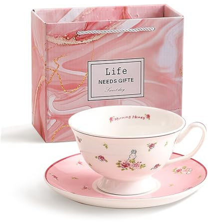 fanquare Juego de 1 Taza y Plato de Té Británico, 200ml Taza de Café y Plato Flores Rosas, Taza de Cerámica Lindo Conejo Regalos para Fiestas de Té por la Tarde para Mujeres Niñas