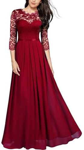 Foweknow Evening Dress Women's Round Neck Lace Dress Long A Line Cocktail Dress Elegant Ball Dress Wedding Dress Pleated Maxi Dresses 3/4 Sleeves Party Dress Hawaiian Casual Dresses, red, L