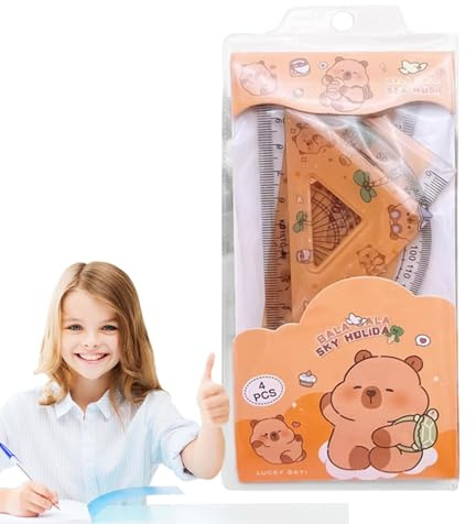 Capybara Geometrilinjal set – triangel rak linjal kit, viktiga matematikmätverktyg | 4 x geometriset och klassrumsaktiviteter, skolmaterial för barn, pojkar och flickor