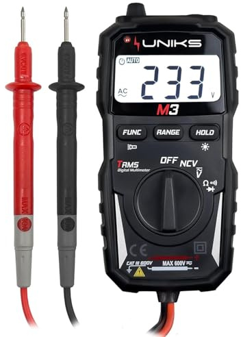 UNIKS - Multimetro Digitale M3 Tascabile TRMS con Auto‑Range 600 V CAT III – Tester Elettricista Professionale con NCV, Continuità, Diodi, Display e LED