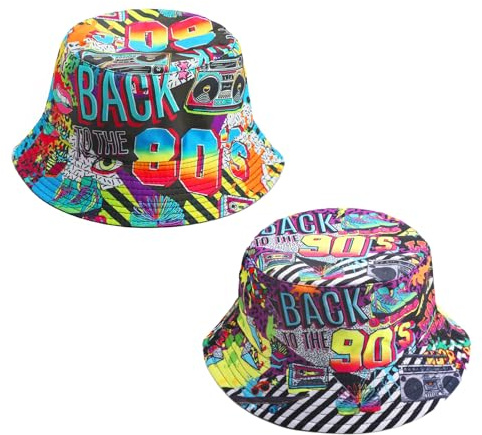 2 chapeau Chapeau Bob Rétro Années 80 90, Unisexe double face Chapeau de soleil pliable pliable Bob Art Graffiti réversible et drôle Accessoire de fête rave pour Pour adolescents, femmes et hommes