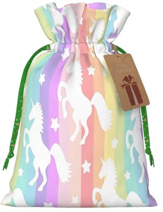 Unicornios en rayas coloridas con estampado de Navidad, bolsas de regalo con cordón, saco festivo de Navidad, fiesta de cumpleaños, embalaje de regalo