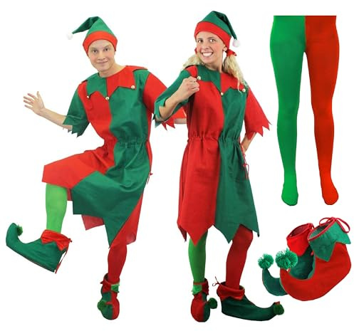 Costume de Noël pour couple – Tenue festive pour elle et lui avec tuniques, bottes d'elfe et collants vert/rouge – Parfait pour les fêtes de Noël des couples, les événements de vacances, les photos et