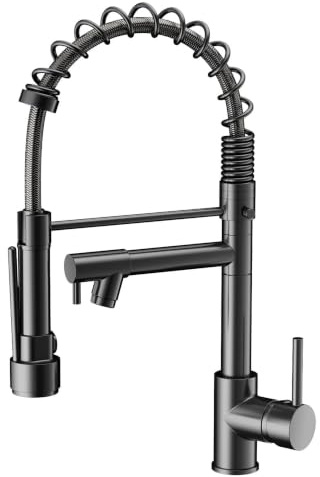 Cobbe Kitchen Tap, Spring Kitchen Sink Mixer Taps with Two Spouts, High Arc Swivel 360 with Pull Out Sprayer, Commercial Faucet Single Handle Lever, UK Standard,Black