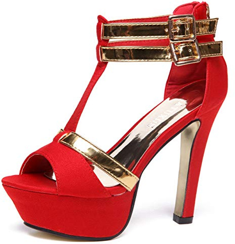 GATUXUS Open Toe Women Platform High Heel Shoes Strappy Pump for Party Prom (US 10, Red Heel)