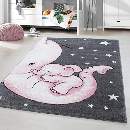HomebyHome Kinderteppich Rosa 120 cm Rund Elefantenmuster für Mädchen Kinderzimmer Kurzflor Extra Weich Antiallergen Babyzimmer