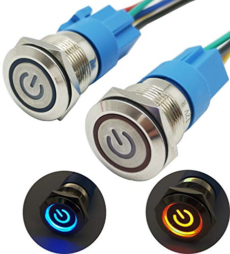 CESFONJER 2 Pcs Latching Druckschalter, LED Beleuchtet Drucktaster, Metall Druckschalter, IP67 Taster, auf Edelstahl 12V LED Angel Eye Kopf für 16mm 0,63Montageöffnung (Blau + Rot)