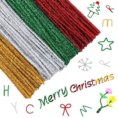 400 Pieces Pipe Cleaners Set,4 Colors Christmas Chenille Stems Glitter Pipe Cleaner Craft Kit for DIY Creative Home Arts and Crafts Project Decoration(Red,Gold,Silver,Green)