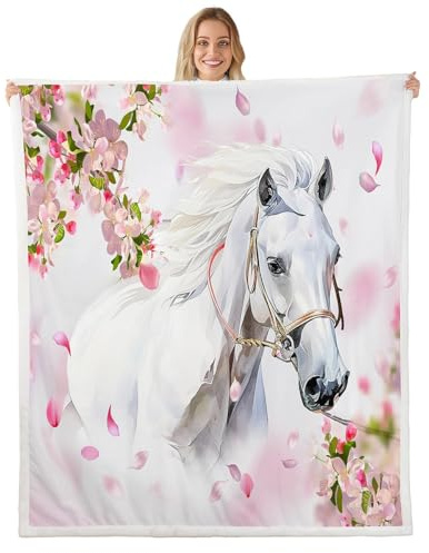 Feelyou White Horse Throw Blanket Girls Pink Floral Farmhorse Fleece Blanket Kids Adults Wild Animal Design Sherpa Blanket for Bed Sofa Chair Bedroom Decor Wildlife Plush BlanketThrow 50x60