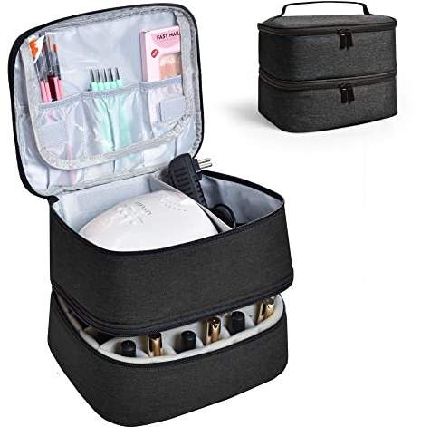 Horsande Organizador Esmaltes Uñas para 30 Botellas(15ml), Bolsa para Esmaltes de Uñas con Lámpara Secadora de Uñas, Organizador Manicura con UV Lámpara y Accesorios, Negro (SOLA BOLSA)