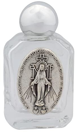 Mini botella de agua bendita | Vidrio con placa de metal de medalla milagrosa | Tapa giratoria en tono plateado | Gran regalo católico para la primera comunión y confirmación