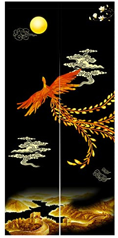 LIGICKY Chinese Style Japanese Noren Doorway Curtain Traditional Golden Phoenix Great Wall Full Moon Printed Asian Window Treatment Hanging Door Tapestry for Sushi Kitchen Home Decoration 85 x 180 cm