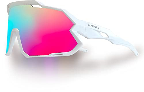 JOGVELO Polarized Sports Sunglasses, Cycling Glasses with 3 Interchangeable Lens UV400 for Men Women Youth Baseball Running Driving Golf, White&Pink
