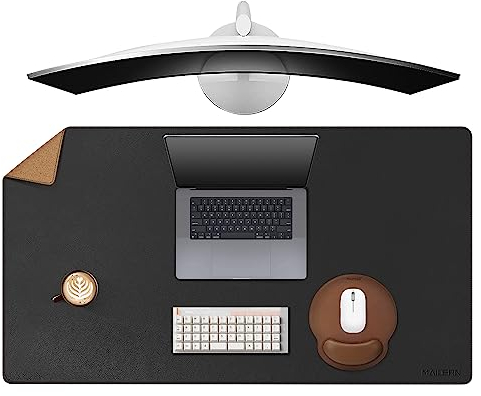 MAIDERN Schreibtischunterlage Leder & Kork 110 x 50cm, Doppelseitiges Schreibtischunterlage papier, Groß Mauspad xxl, Wasserdichte Schreibunterlage filz, Büro und Zuhause Tischunterlage (schwarz)