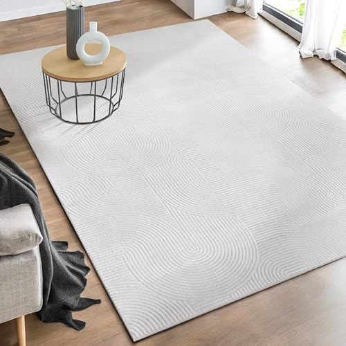 the carpet Rio - moderner und weicher Teppich Wohnzimmer Schlafzimmer mit Anti-Rutsch-Rücken und 3D-Optik, Flauschige Oberfläche, pflegeleicht und robust, Weiß, 80 x 150 cm