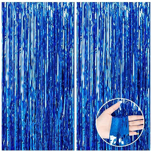 CANREVEL 2 Pack 3.3x8.2 Feet Dark Blue Foil Fringe Backdrop Curtains, Tinsel Streamers for Ocean Birthday Party Decorations, Graduation, Halloween, Under The Sea, Disco Party