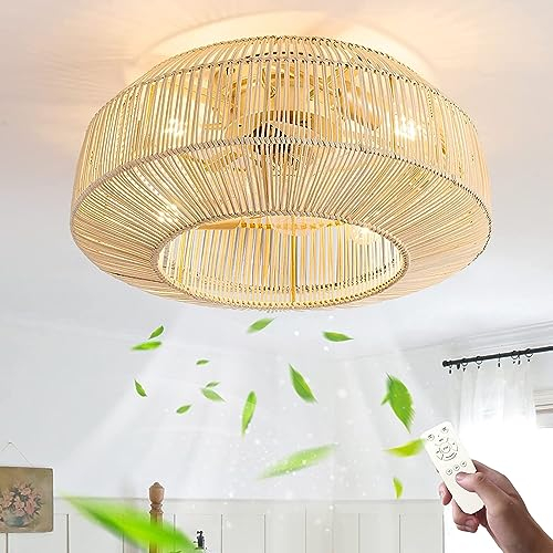 Ventilador de techo con luz y mando a distancia silencioso E27 Lámpara De Techo Retro Industrial luces de ratán tejida a mano Araña de Lámpara con fan Para Sala De Estar Dormitorio Cocina Iluminación