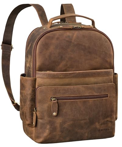 ROYALZ mochila de cuero para hombres 14 pulgadas portátil 'New Orleans' mochila de cuero genuino damas de tamaño mediano de negocios escuela universidad ocio, Color:Nevada Marrón