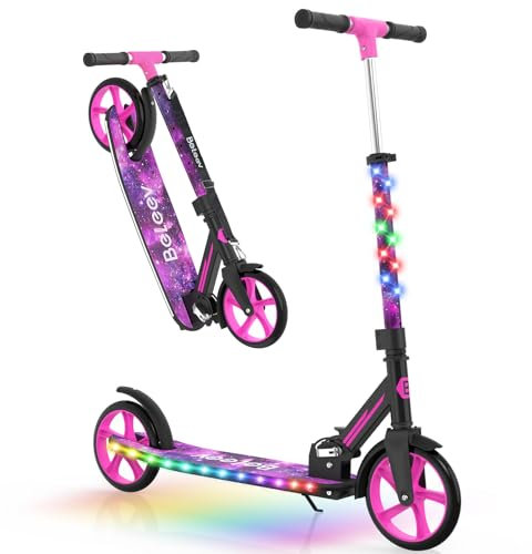BELEEV V9 Big Wheel Scooter mit LED Leuchtet Lenker & Deck, Roller Kinder 6 Jahre mit Höhenverstellbar, ABEC-9, 200mm Räder, Tragegurt, Faltbare Cityroller Jugendliche & Erwachsene (Starry Purple)