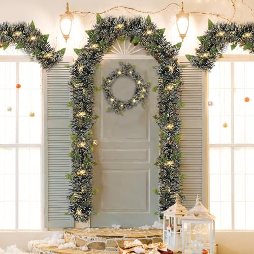 Ghirlanda natalizia con illuminazione, 5 m, ghirlanda decorativa natalizia con 50 luci LED, illuminata, funzionamento a batteria, per albero di Natale, scale, decorazioni natalizie per interni ed