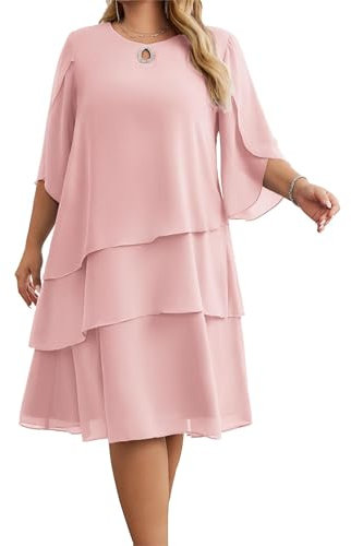 Hanna Nikole Elegant Chiffon Dress for Women Mid-Length Sleeve Round Neck Tiered Solid Color Midi Dress Light Pink