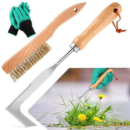 COZCLAM Juego de 2 Herramientas de Deshierbe con Guantes - Extractor Malas Hierbas y Cepillo Pavimento con Mango Ergonómico Madera y Conexión de Reforzada, Herramientas Jardineria para Patios