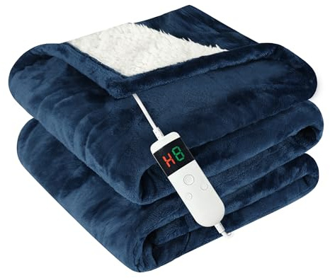 Qieryun Uppvärmd filt med automatisk avstängning, 130 x 180 cm, 10 uppvärmningsnivåer 8 timmar automatisk avstängningstimer överhettningsskydd (mörkblå, 200 x 180 cm)