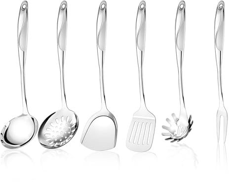 Hunnycook Köksredskap set med 6 stycken, kökshjälpsset rostfritt stål, soppslev, skumsked, stekspade stekspade och köttgaffel, upphängningshål, diskmaskinssäker