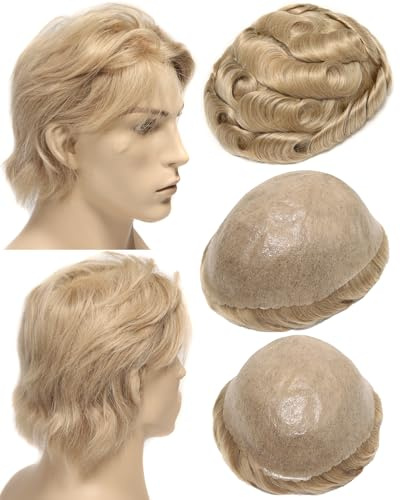 BEEOS 0.10mm Thin Skin Toupee for Men, #22 Blonde Real Human Hair Mens Hair System 130% Medium Density, 8x10 Inch Mens Hairpiece