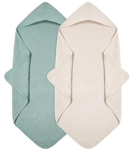 Peepeemax Kapuzenhandtuch Baby 2er-Pack, Musselin Baumwolle Baby Handtuch Kapuze, Ultraweiche und Saugfähige Babyhandtuch mit Kapuze, 76x76cm (Grün)