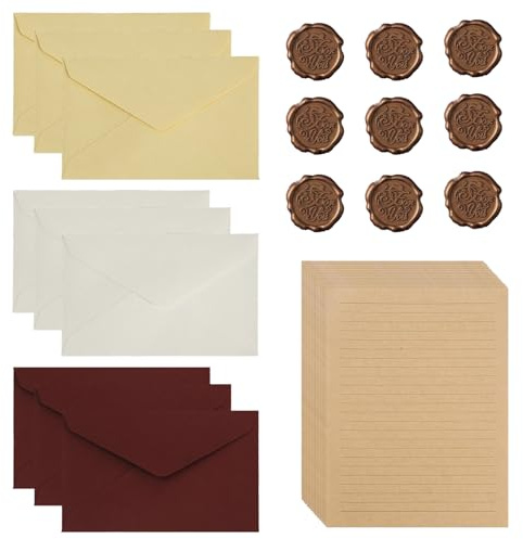 Foonary 33 st vintage brevpapper, set med kuvert, 15 st A5-brevpapper med vintagemönster, 9 x mjuka linnekuvert, 9 vaxstämplar, dekoration för kärleksbrev, inbjudningar, brevpapper