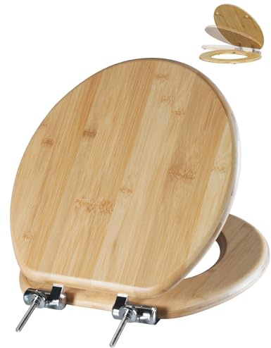 Angol Shiold ROUND Bamboo Wood Toilet Seat Soft Close Zinc Alloy Strong Hinges, Light, Easy to Install & Clean, Up to 400 lbs (Round 16.5, Natural Bamboo)