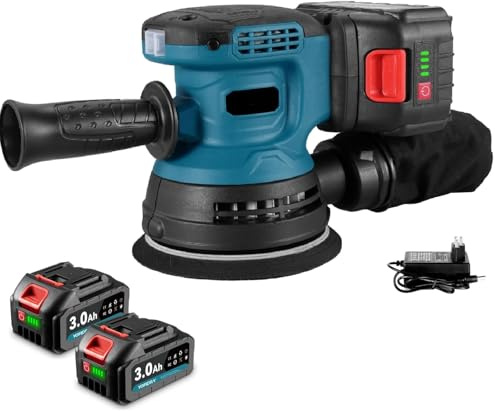 Lucidatrice a batteria - lucidatrice per legno, motore senza spazzole, 500w, levigatrice rotorbitale per legno, con 2 batteria al litio da 21V 2000mAh , 6 velocità variabile 10700RPM max, base 125mm