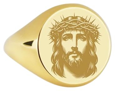 925 Sterling silver Jesus Kristus | Guldpläterad ring | Rund form 14 x 14 mm sigillring | Bandstorlek US 5-12,5 Avelaibal | LKDR_0047