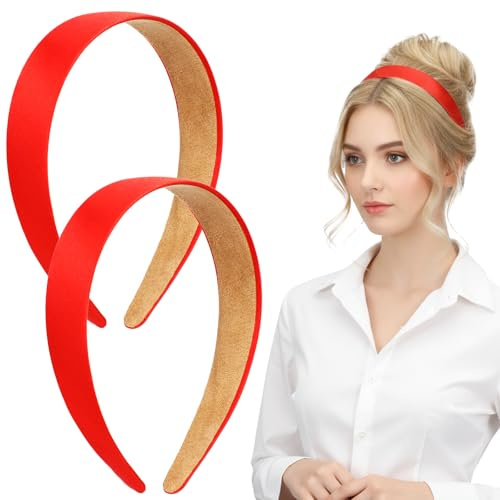 DOPENSPI Confezione da 2 fasce per capelli rosse, larghe 3 cm, in raso di seta rosso, antiscivolo, tinta unita, accessori per capelli per donne e ragazze, cosplay, fai da te