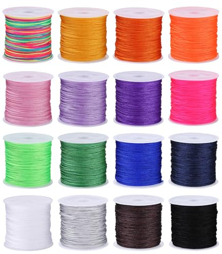 16 Rouleaux Fil de Nylon 0,8 mm x 20 m Fil Nylon pour Bracelet, Tresses, Perles, Fabrication de Bijoux, Bracelets d'amitié, Artisanat, Carillon éolien, Bijoux