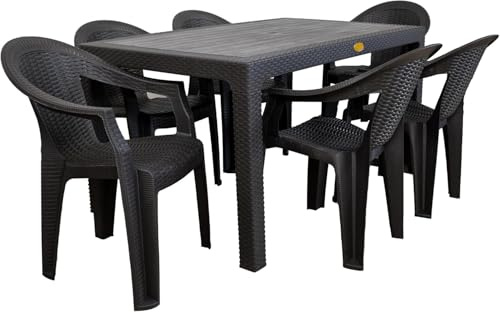 Set Tavolo e Sedie da Giardino in Rattan Sintetico – 6 Sedie con Braccioli + Tavolo 150x90 cm – Arredo Esterno Resistente, Facile da Pulire, Colore Marrone Wengè