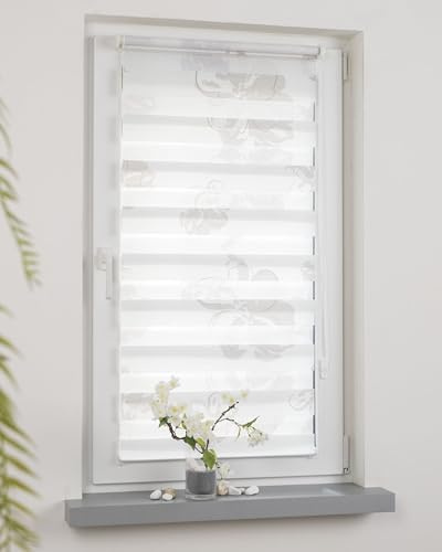 DECOLIA by Garesa Duo Rollo - Doppelrollo Klemmfix ohne Bohren 80 x 210 cm, Weiß/Taupe mit Blumen - Fenster Sichtschutz und Lichtschutz, Mit Kettenzug