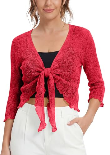 Love My Fashions® Women’s Fish Net Knitted Tie Up Bolero Shrug Top Ladies 3/4 Sleeve One Size Fits All Red