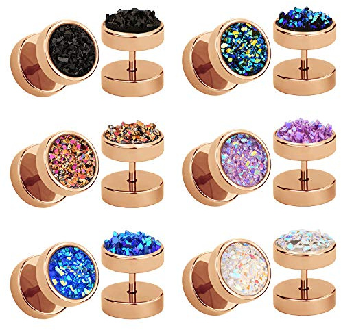 JFORYOU 6 Pairs Round Stud Earrings Stainless Steel Druzy Studs Earrings Set for Women Mens Faux Fake Cheater Ear Plugs Gauge Punk Style Rose Gold