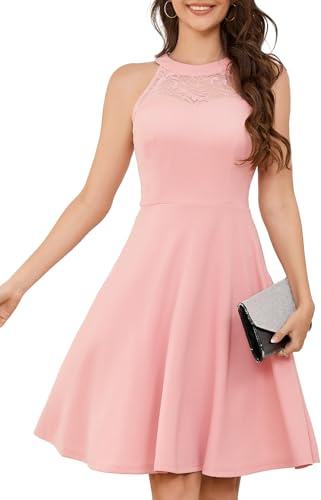 Bbonlinedress Robe de Soirée Cocktail Femme Halter Vintage pour Mariage Fête Bal Anniversaire Resto Evènement Sortie A Ligne Longueur au Genou Blush M