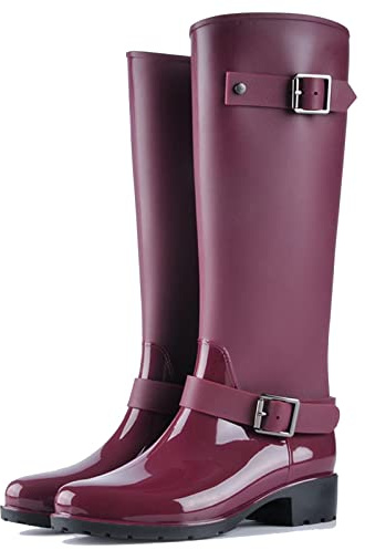 TQGOLD Bottes de Pluie Femme en Caoutchouc Talon Imperméable Zip Hautes Wellington Boots(Rouge,Taille37)