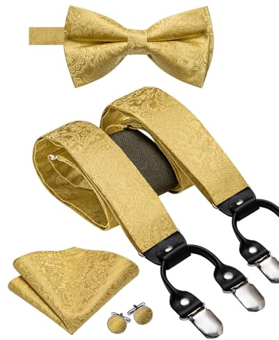 Dubulle Gold Suspender Paisley bowtie Set Silk Brace Adjust Elastic Suspender Set